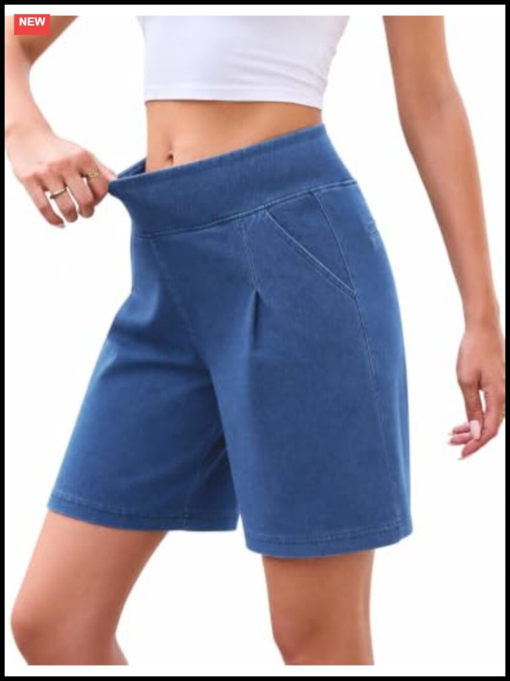 Womens High Rise Pull On Bermuda Jean Shorts 4-Way Stretch 7 Inseam